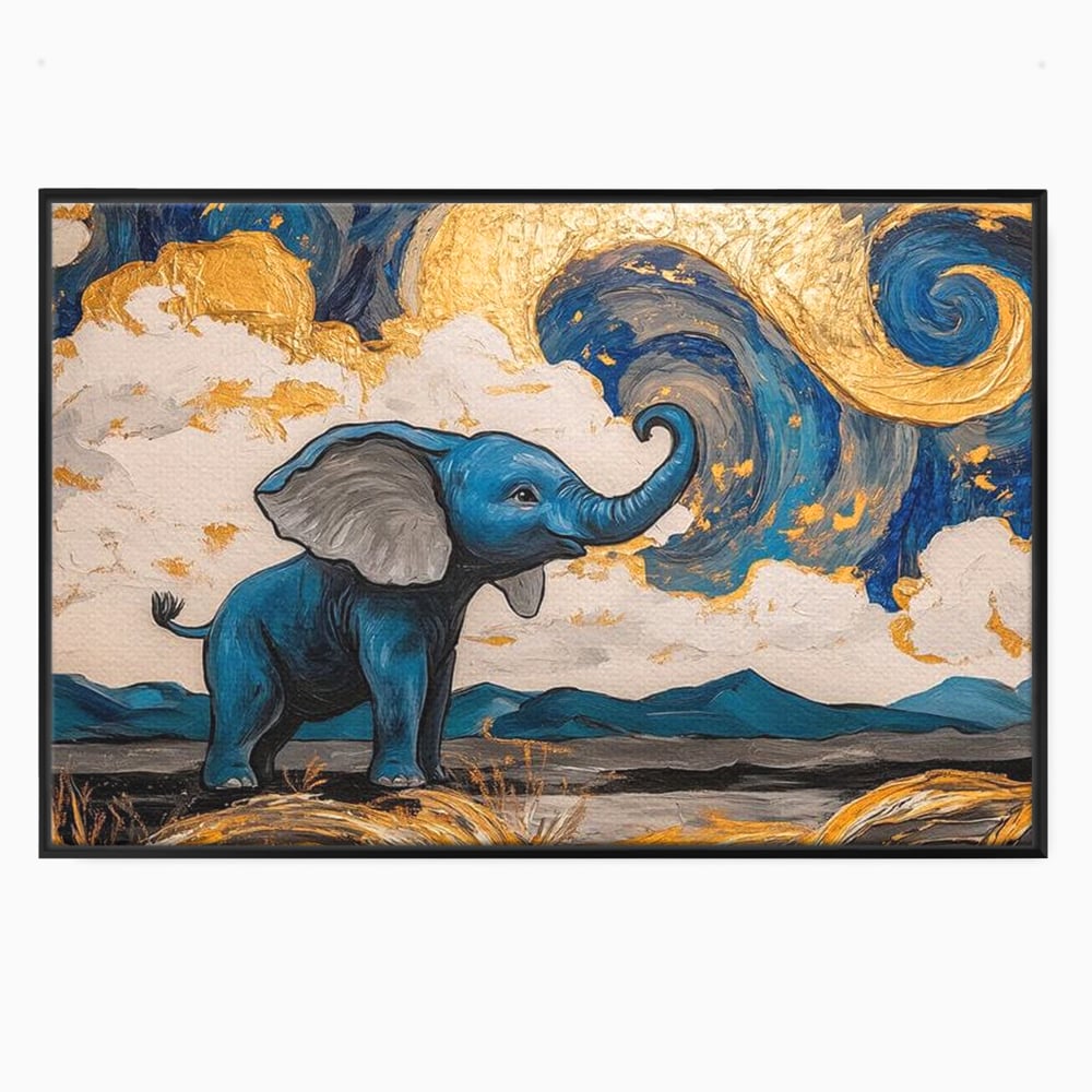 Tablou canvas cu tablou canvas cu elefant albastru, in rama de aluminiu negru